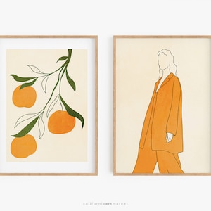 Orange & Woman Line Art Print Set: Modern Home Decor (Digital Download)