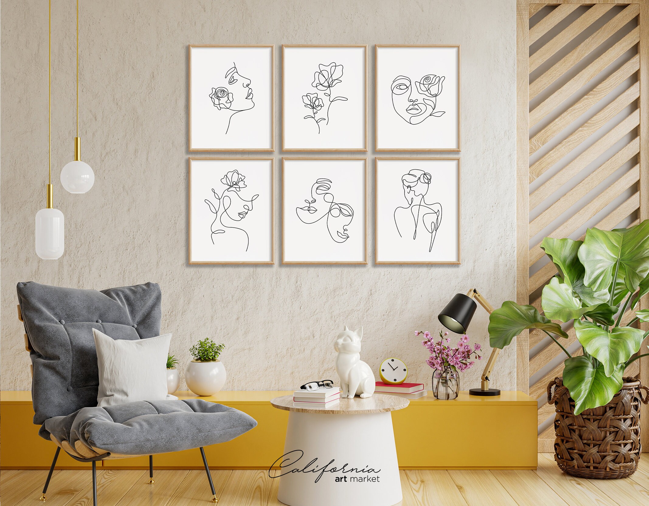 Drawing Minimalist Print Set of 6 Wall Art | Single Line Art Print ...