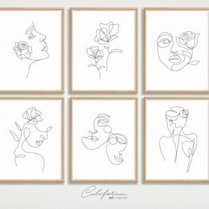 Zeichnung Minimalist Print 6er Set Wandkunst | Single Line Kunstdruck Frau mit Blumen | Ästhetische Wandkunst | Flower Woman Line Art Printable