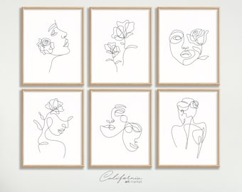 Drawing Minimalist Print Set of 6 Wall Art | Single Line Art Print Woman With Flowers | Aesthetic Wall Art | Flower Woman Line Art Printable