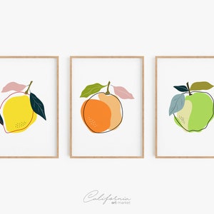 Conjunto de arte de pared de cocina de 3, limón, naranja, manzana, decoración de la pared del comedor, conjunto de impresión moderna, impresiones abstractas de frutas, impresiones del mercado de frutas