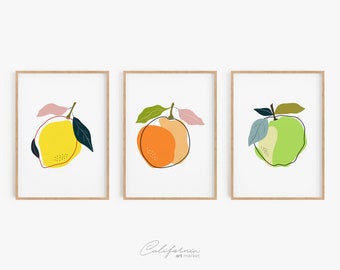 Kitchen Wall Art Set of 3, Lemon, Orange, Apple, Dining Room Wall Decor, Modern Print Set, Abstract Fruit Prints, Fruit Market Prints
