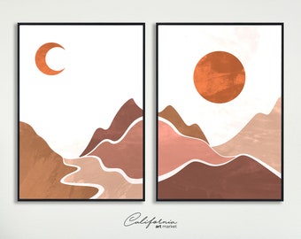Boho Art Set of 2 Prints | Modern Art Poster Bundle | Sun and Moon Print | Abstract Landscape Prints Set | Boho Wall Art | Minimalist Poster