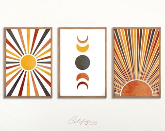 Sun Print Set of 3 Wall Decor | Boho Art Set | Abstract Gallery Wall Set | Mid Century Modern Geometric Sun Print | Abstract Sun Print
