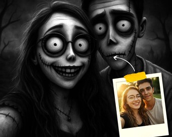 Retrato gótico personalizado a partir de tu foto / Retrato ilustrado de Halloween, póster personalizado de la temporada espeluznante, arte mural de Halloween personalizado