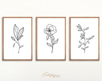 Flower Line art Prints, Flower Wall Art, Flower Bouquet Wall Art, Floral Print, Botanical Prints, Minimal Floral Prints, Set Of 3 Prints