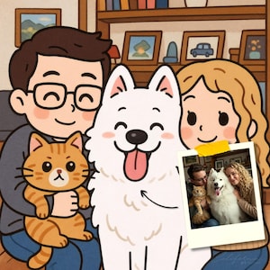 Cute Custom Chibi Style Portrait from Photo | Family, Couple or Pet Cartoon | Personalized Digital Illustration Gift