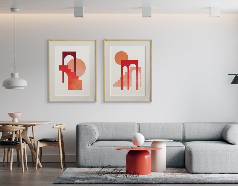 Mid Century Modern Wall Art Print Set of 2 Neutral Abstract Etsy