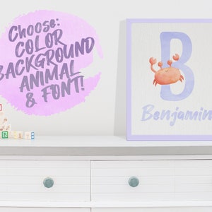 CrustaceanCore Ocean Theme Name Printable Wall Art for Kids, Alfabeto de acuarela bajo el vivero de animales marinos, Arte de la letra inicial del bebé, Cangrejo