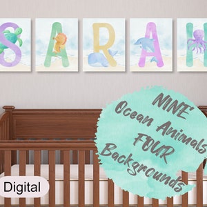 Ocean Animal Custom Nursery Name Sign, Kid Watercolor Jellyfish Baby Name Sign, Whale Shark Newborn Name Sign, Seahorse Nursery, Sea Turtle
