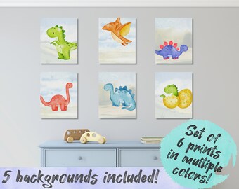 Set Aquarell Dinosaurier Kinderzimmer Wandkunst für Kinder, Baby Dino Ei Zimmer Dekor Kinderzimmer Kunst, Trex Pterodactyl Kinderzimmer Regal Dekor