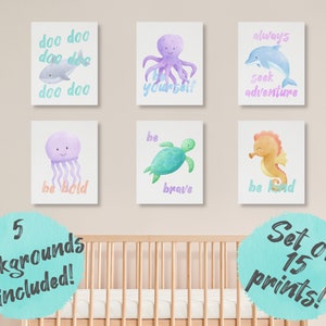 Op de afbeelding: Set van 15 aquarelprints met zeedieren zoals een haai, octopus, dolfijn, kwal, schildpad en zeepaardje. Elke print heeft een inspirerende zin. Inclusief 5 achtergronden.