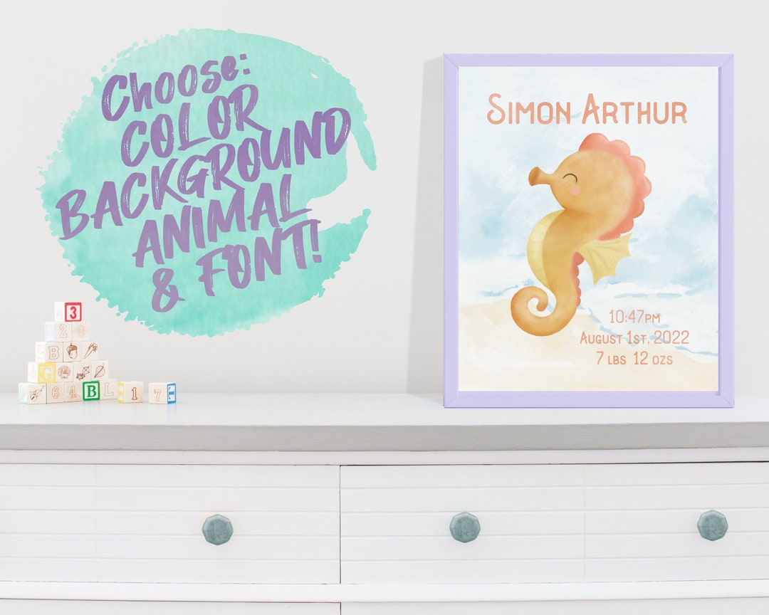 Ocean Theme Baby Birth Stats Sign Wall Art for Kids, Watercolor ...