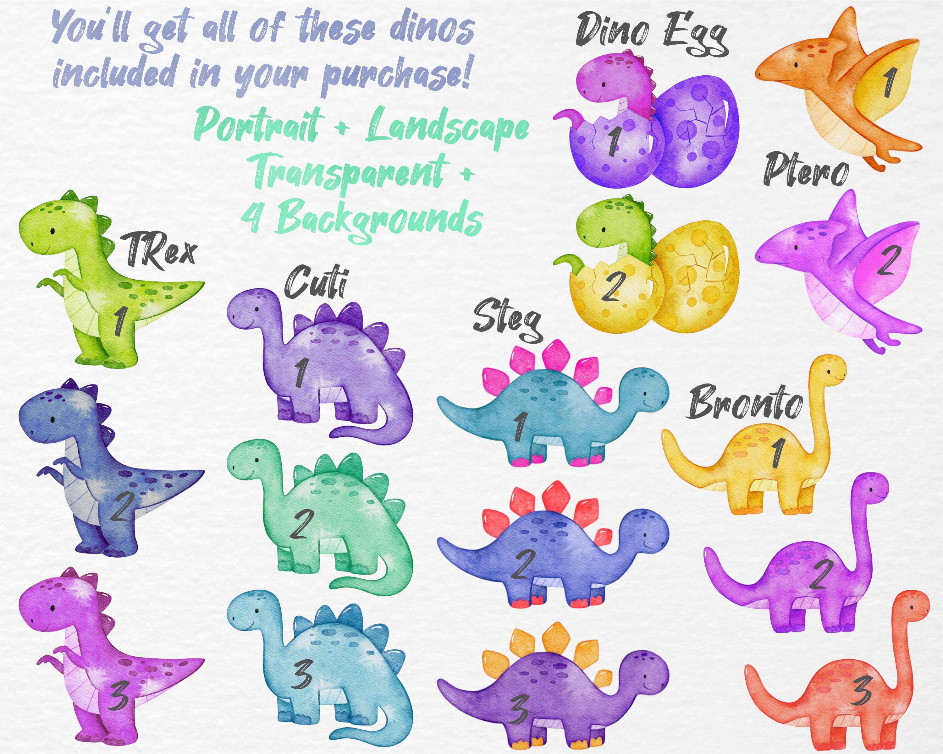Set of Watercolor Dinosaur Nursery Printable Wall Art for Kids, Baby ...
