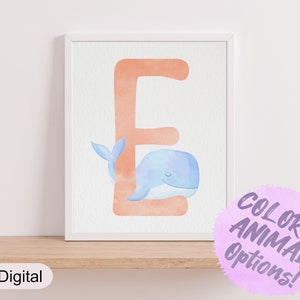 Ocean Theme Initial Printable Wall Art for Kids, Watercolor Alphabet Under the Sea Animal Nursery Shelf Decor, Baby Letter Art, Whale