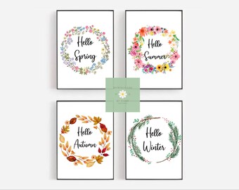 Set Of Four Seasonal Prints / Hello Spring/ Hello Summer/ Hello Autumn/ Hello Winter