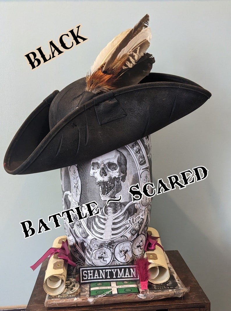 Rural PIRATE Distressed Tricorne HAT with Feather set . Brixham n' Rene Festival Style. Great value, Authentic Rustic leather look. image 3