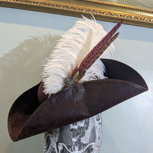 Pirate Hat Black or Brown. Fabulous Ostrich feather set. Halloween n' Brixham Festival Style. Party Costume  accessory.