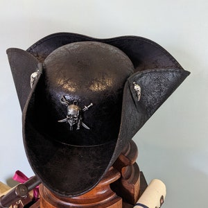 Black Dog Distressed Pirate Tricorne  Hat,  Brixham, Hastings n' Renaissance Style Party fun. Faux leather