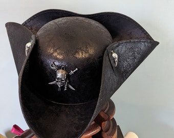 Black Dog Distressed Pirate Tricorne  Hat,  Brixham, Hastings n' Renaissance Style Party fun. Faux leather