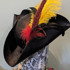 The Holcombe Fire Ship Tricorne - Yellow Ostrich Feather set.  Flamboyant l Pirate Hat. Built to blast for festivals, parties n pirates