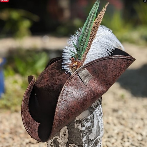 Distressed Faux Leather Tricorne Hat With Ostrich Feather 