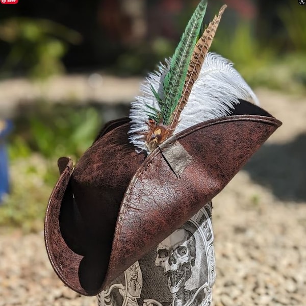 Authentic Tricorne with Ostrich feather set. Distressed Dark Brown Brixham , Renaissance, Cosplay, Steampunk Style. Historical costume.