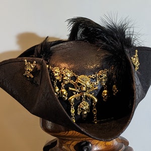 Spanish Gold  Authentic Pirate Tricorne - Feather Set and Skull Duggery Bling.  Brixham Hasting,  Ren Faire,  Cosplay, fun. Black or Brown