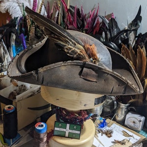 Rural PIRATE Distressed Tricorne HAT with Feather set . Brixham n' Rene Festival Style. Great value, Authentic Rustic leather look. image 9