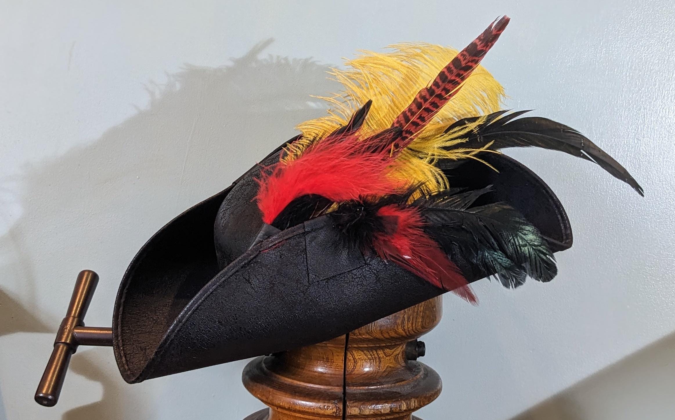 Black Pirate Tricorne Hat - Yellow Ostrich Feather Set, Brixham