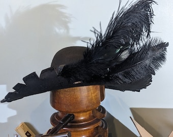 Barbossa Pirate Tricorne Hat with Flamboyant Black Ostrich and Rooster feather set. Party Cosplay, Steampunk Party Fun. Most sizes available
