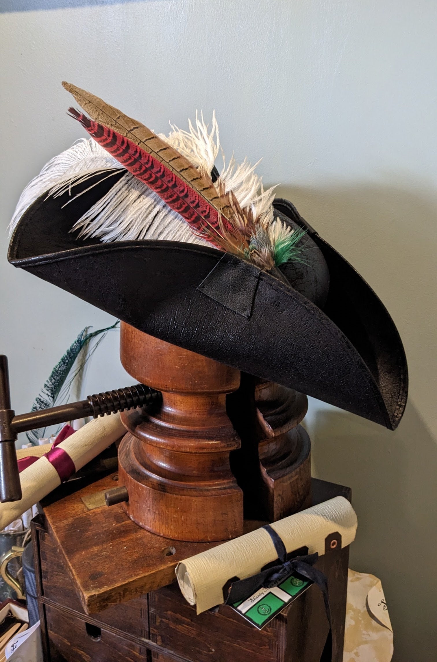 Distressed Faux Leather Tricorne Hat With Ostrich Feather  display picture 1