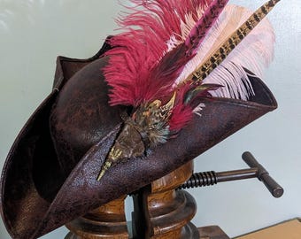 Burgundy Musketeer Hat With Flamboyant Feather Set, Brixham