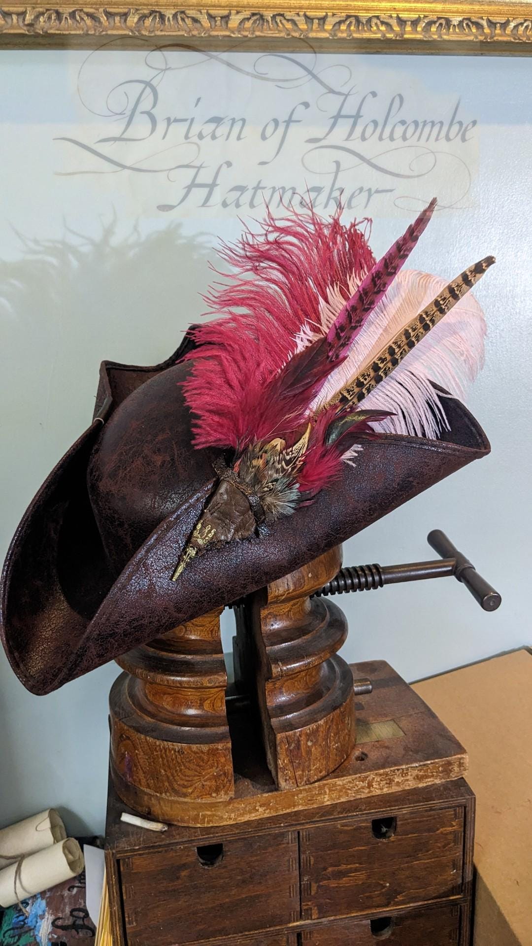 Burgundy Musketeer Hat With Flamboyant Feather Set, Brixham