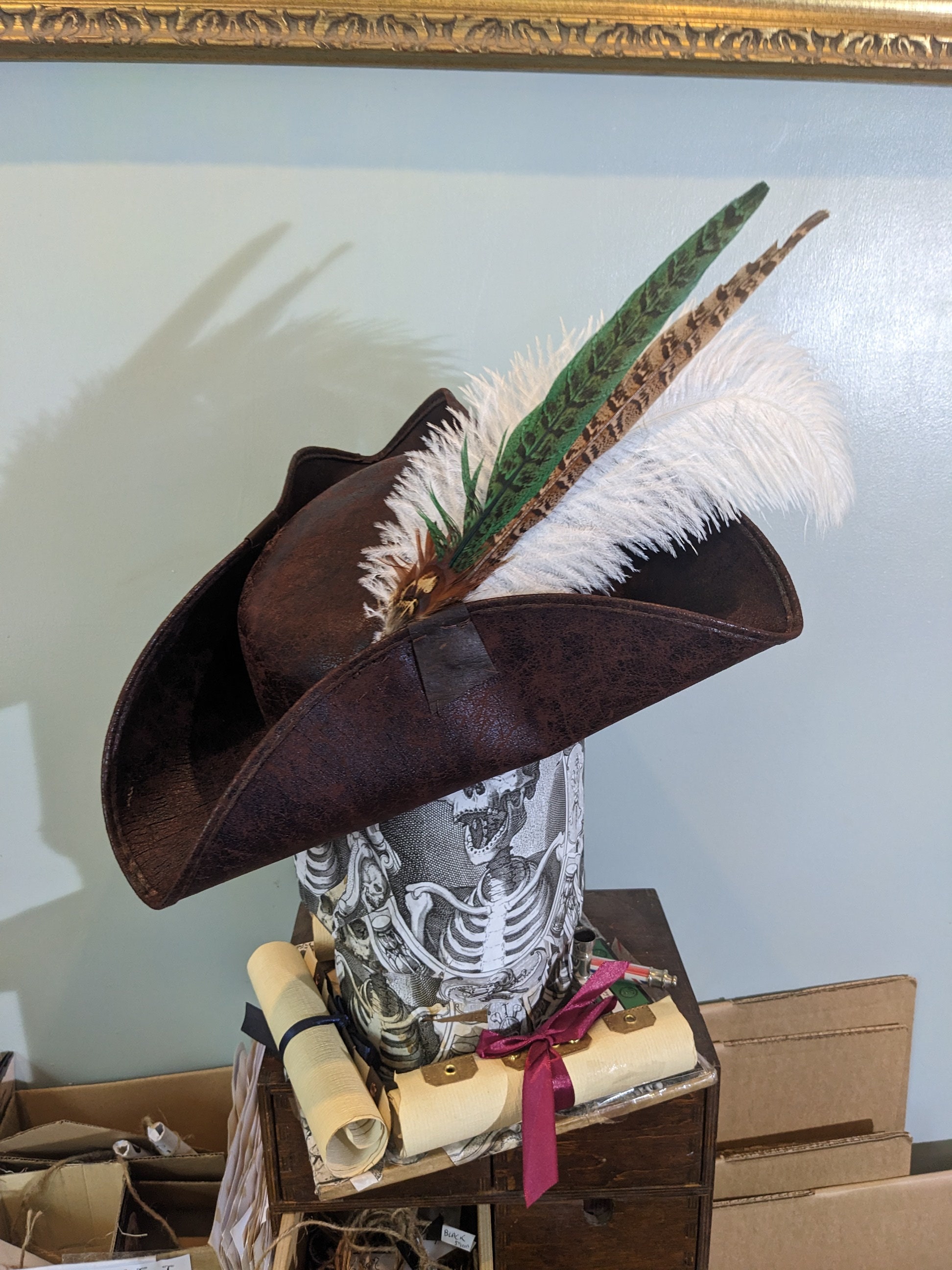 Real wool hand trimmed hat ostrich feather medium pirate 18th 19th century look Black Pirate Hat- Fancy Black Wool Tricorn With Black Trim  main image 2