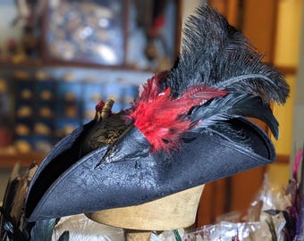 Wide Brim Leather Cavalier Hat Black With Large Feather Plume