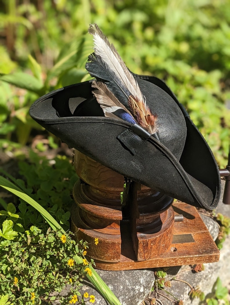 Rural PIRATE Distressed Tricorne HAT with Feather set . Brixham n' Rene Festival Style. Great value, Authentic Rustic leather look. image 8