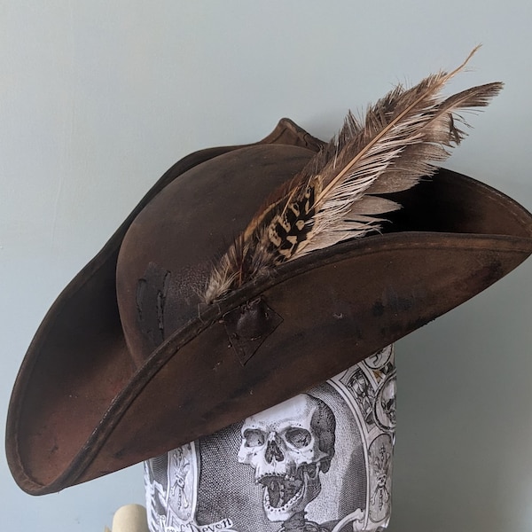 Rural PIRATE Distressed Tricorne HAT with Feather set . Brixham n' Rene Festival Style. Great value, Authentic Rustic leather look.