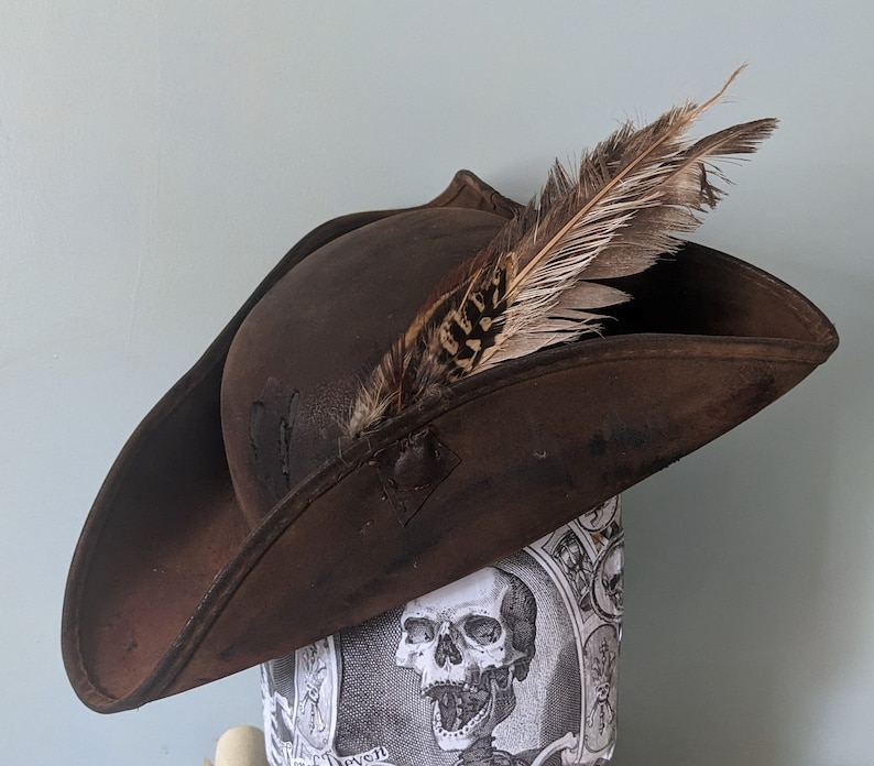 Rural PIRATE Distressed Tricorne HAT with Feather set . Brixham n' Rene Festival Style. Great value, Authentic Rustic leather look. image 1