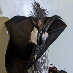 Black Gothic Pirate Tricorne hat of Death.  Brixham n' Rene Festival Style. Authentic Distressed leather look.