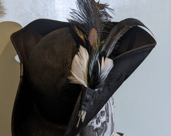 Black Gothic Pirate Tricorne hat of Death.  Brixham n' Rene Festival Style. Authentic Distressed leather look.