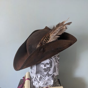 Rural PIRATE Distressed Tricorne HAT with Feather set . Brixham n' Rene Festival Style. Great value, Authentic Rustic leather look. image 6