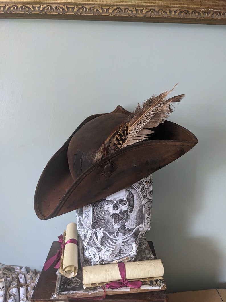 Rural PIRATE Distressed Tricorne HAT with Feather set . Brixham n' Rene Festival Style. Great value, Authentic Rustic leather look. image 6