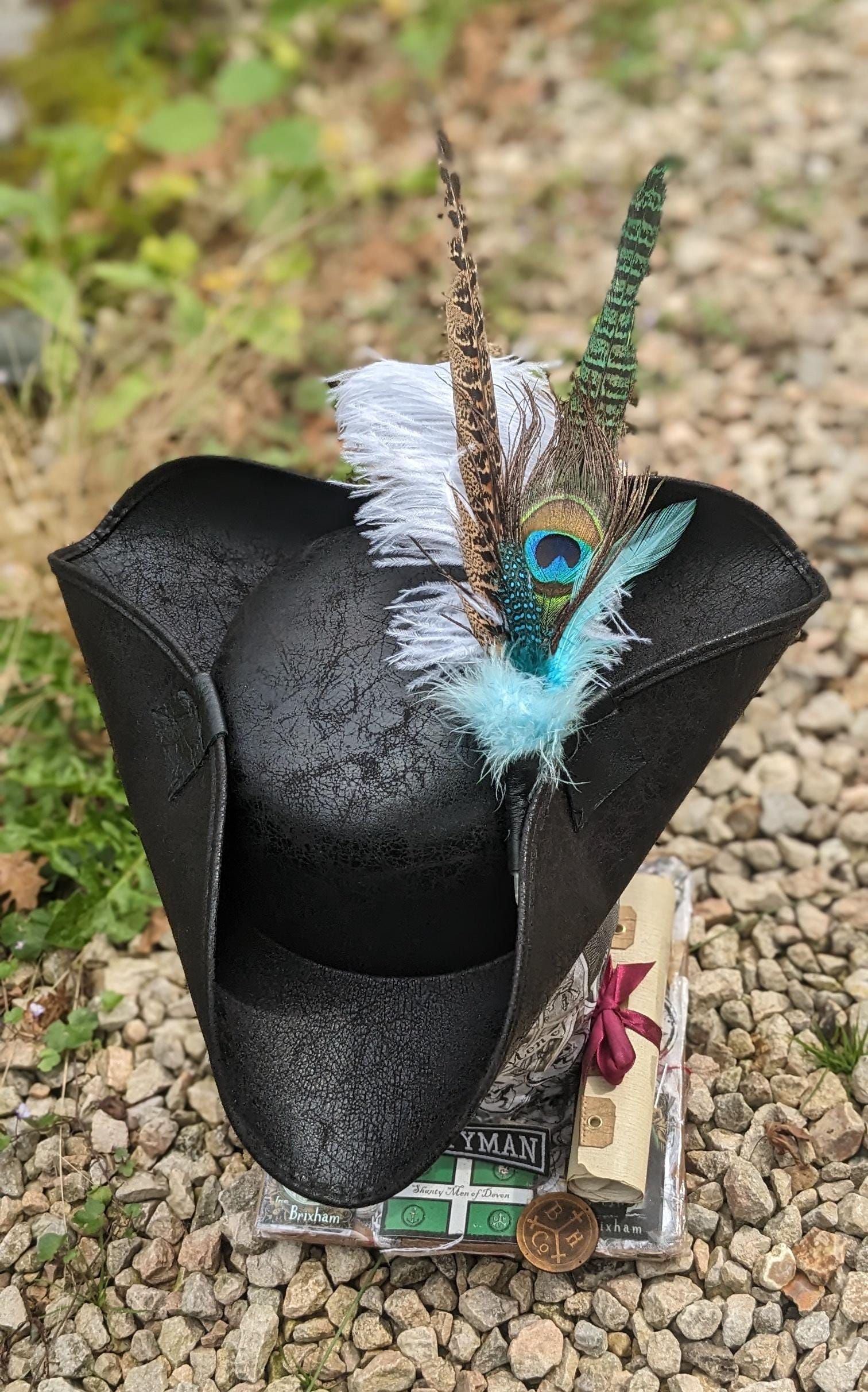 Black Tricorne Pirate Hat With Feather Set – Brixham Renaissance
