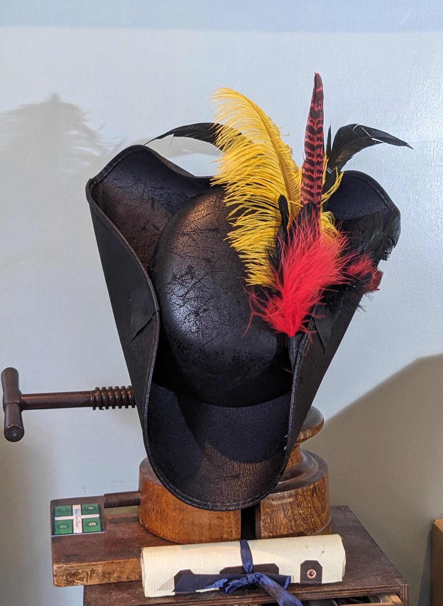 Black Pirate Tricorne Hat - Yellow Ostrich Feather Set, Brixham