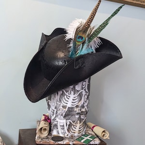 Wave Rider- Spectacular Tricorne Hat with 4 piece Feather Set.  Authentic, Brixham Pirate Festival Style. Cosplay, Party fun. Black or Brown