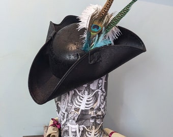 Wave Rider- Spectacular Tricorne Hat with 4 piece Feather Set.  Authentic, Brixham Pirate Festival Style. Cosplay, Party fun. Black or Brown