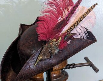 Adult Musketeer Pirate Black Hat With Red Feather - Fancy Dress Accessory