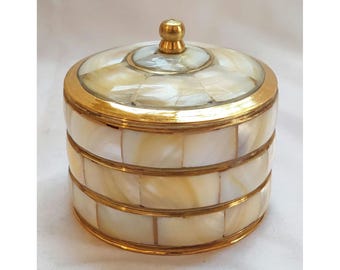 Vintage Brass Trinket Box: Mother of Pearl Inlay, Vanity Decor