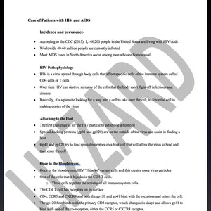 Könnte beinhalten: Ein schwarz-weißes Textdokument mit dem Titel "Betreuung von Patienten mit HIV und AIDS". Das Dokument behandelt die Inzidenz und Prävalenz von HIV und AIDS, die Pathophysiologie von HIV und wie HIV an eine Wirtszelle bindet.